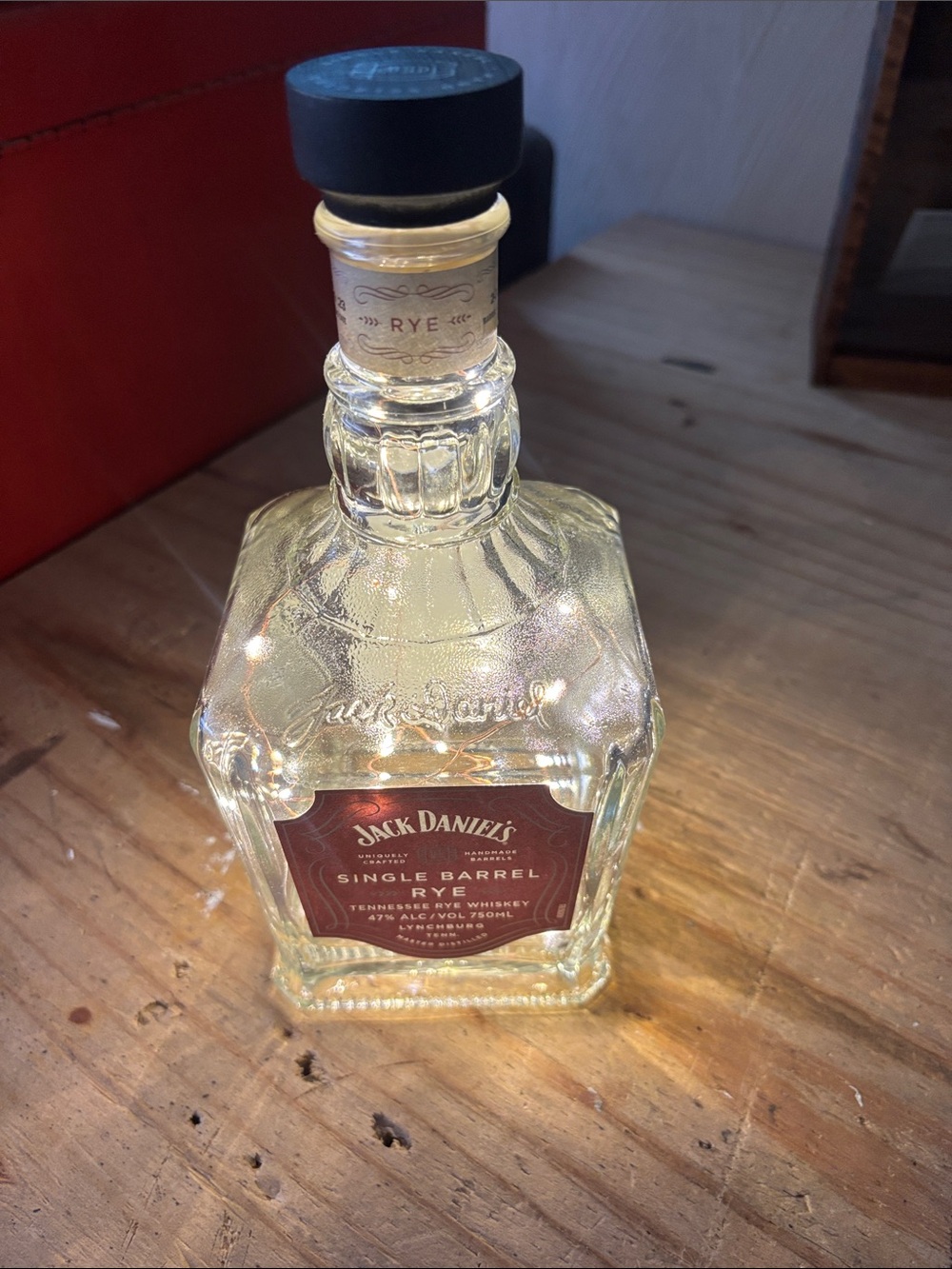 Jack Daniels Single Barrel Rye Black Top and Brown Label light bottle